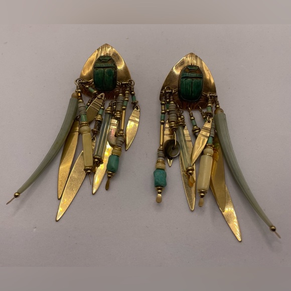 Vintage Signed Tabra Scarab Dentalium Gold Filled Dangle Earrings Pierced - Picture 8 of 12